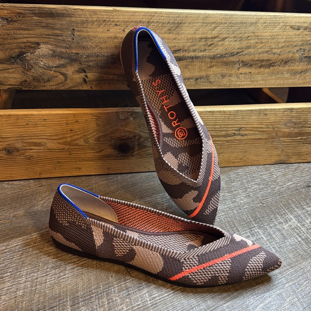 Rothy's Camouflage Flats with Orange and Blue Accents